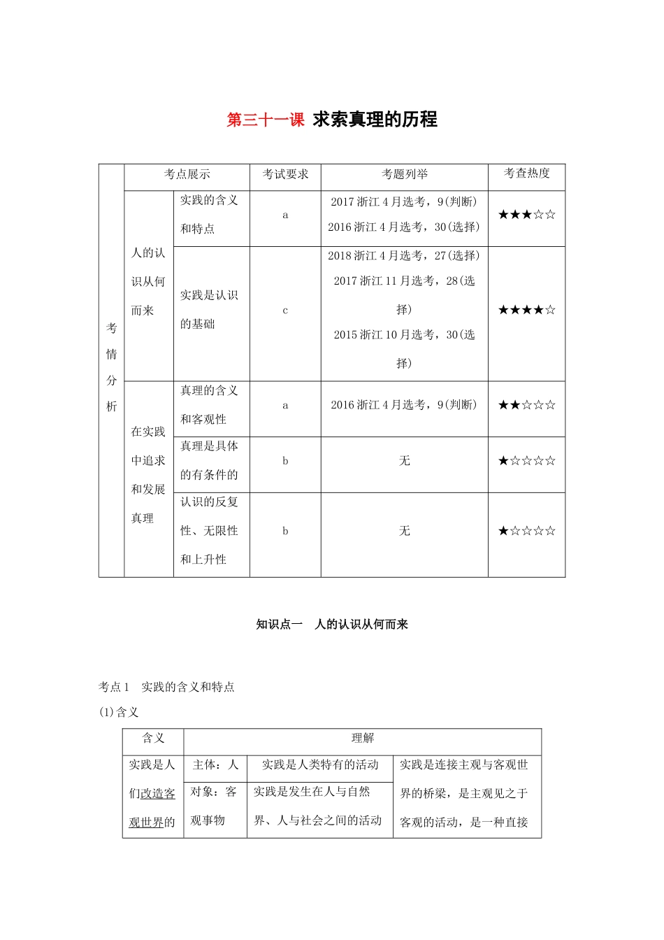 （浙江专用版）高考政治大一轮复习 第十二单元 探索世界与追求真理 第三十一课 求索真理的历程讲义-人教版高三全册政治教案_第1页