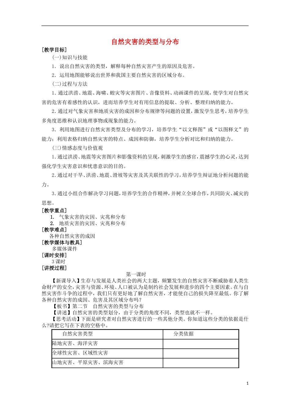 高中地理 1.2《自然灾害的类型与分布》教案1 湘教版选修5_第1页