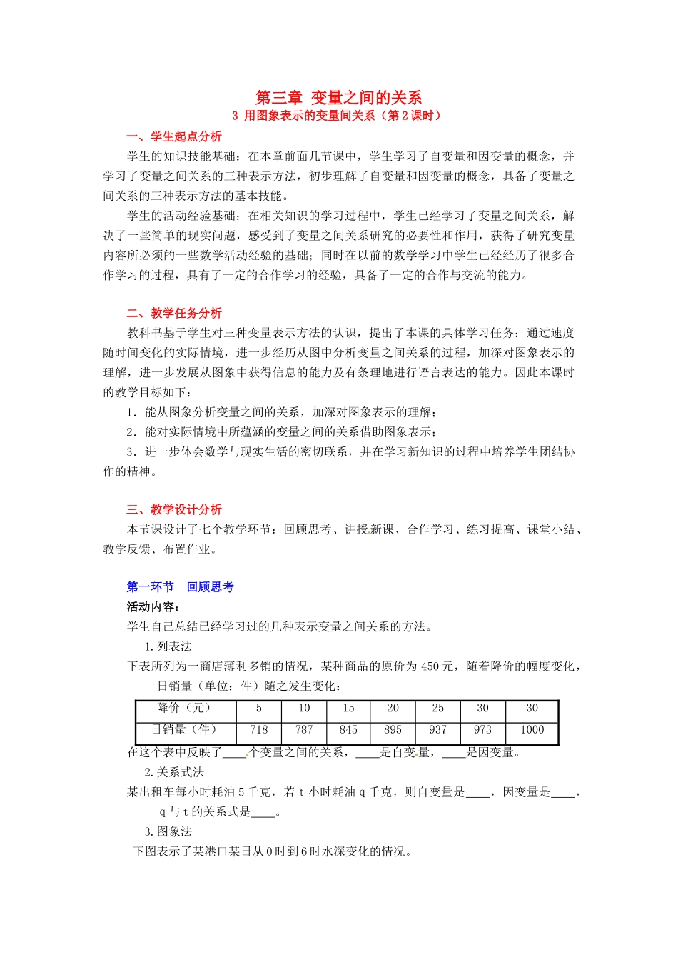 山东省郓城县随官屯镇七年级数学下册 第三章 变量之间的关系 3.3 用图象表示的变量间关系（第2课时）教案 （新版）北师大版-（新版）北师大版初中七年级下册数学教案_第1页