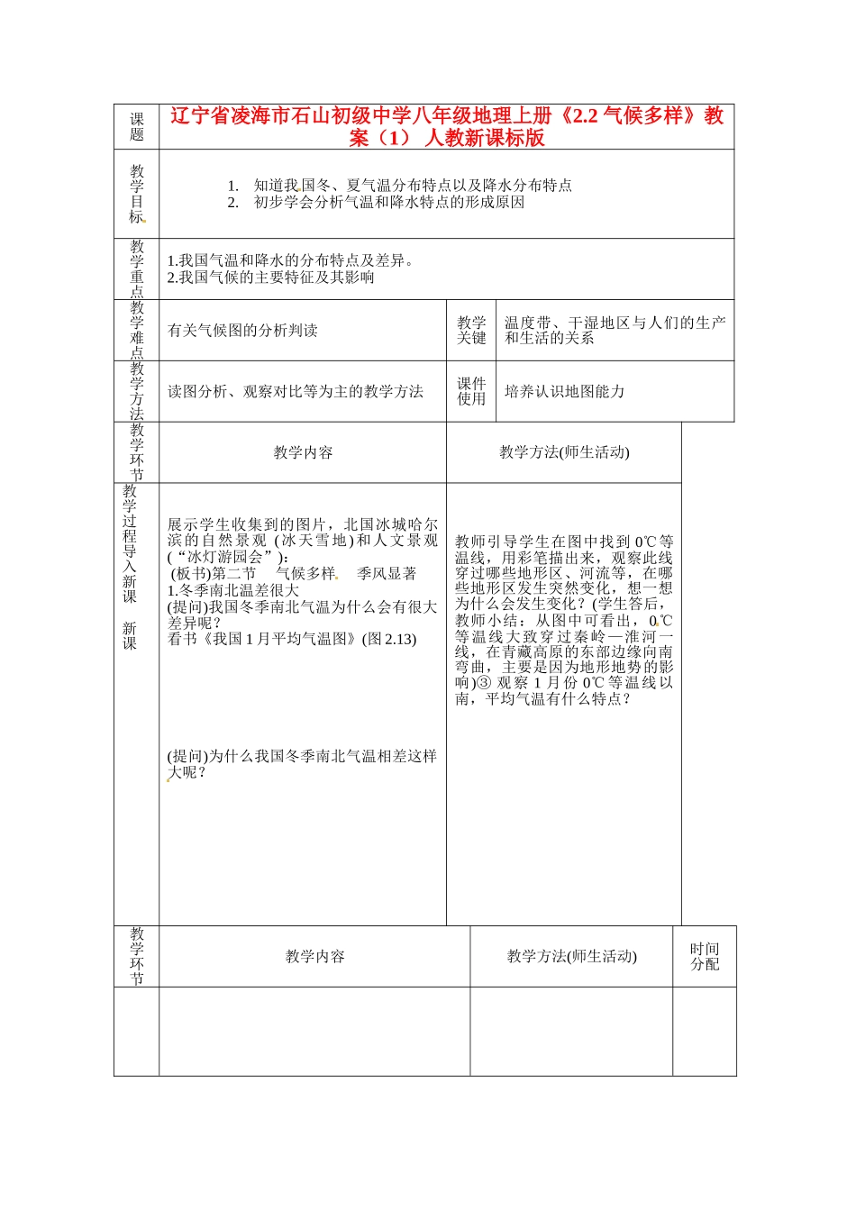 辽宁省凌海市石山初级中学八年级地理上册《2.2 气候多样》教案（1） 人教新课标版_第1页