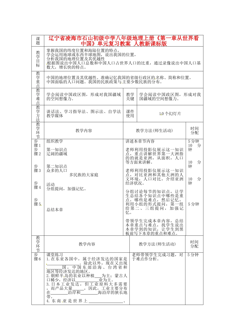 辽宁省凌海市石山初级中学八年级地理上册《第一章从世界看中国》单元复习教案 人教新课标版_第1页