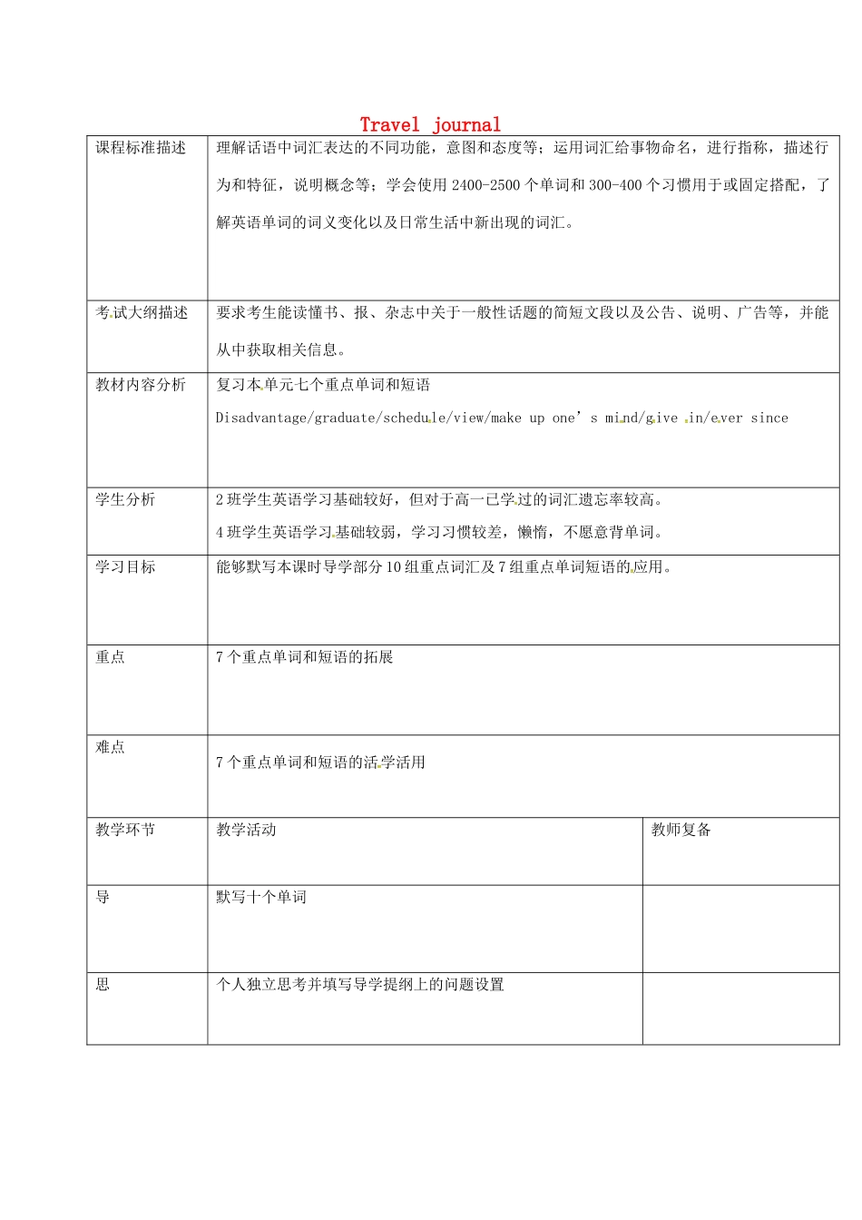 高中英语 Unit 3 Travel journal（第2课时）教学设计 新人教版必修1-新人教版高一必修1英语教案_第1页