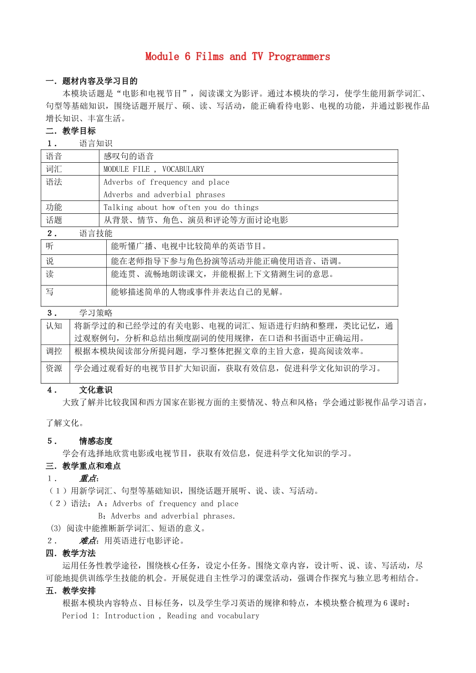 高中英语 Module 6《Films and TV Programmers》教案 外研版必修2_第1页