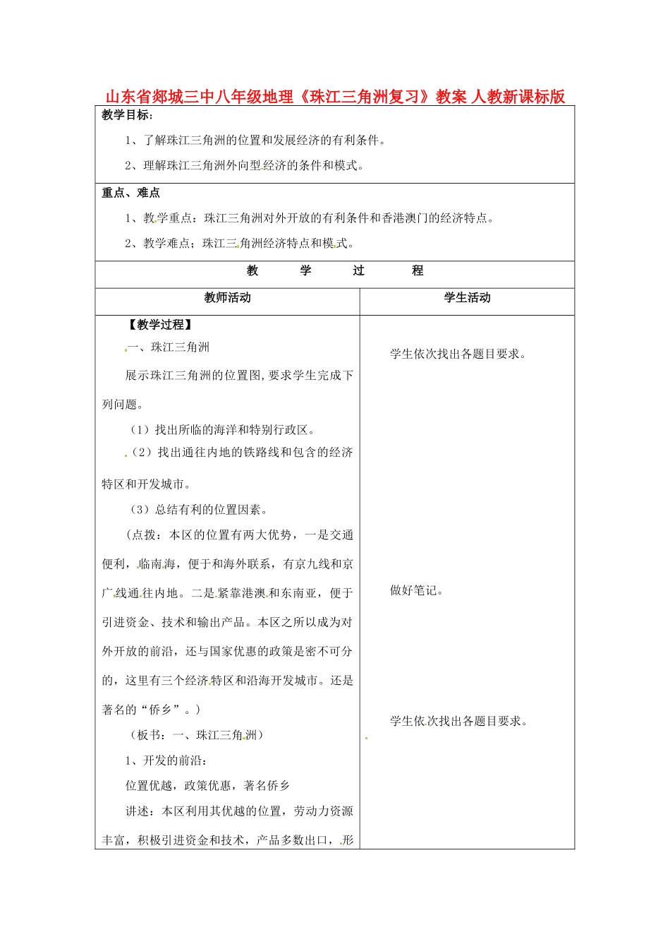 山东省郯城三中八年级地理《珠江三角洲复习》教案 人教新课标版_第1页