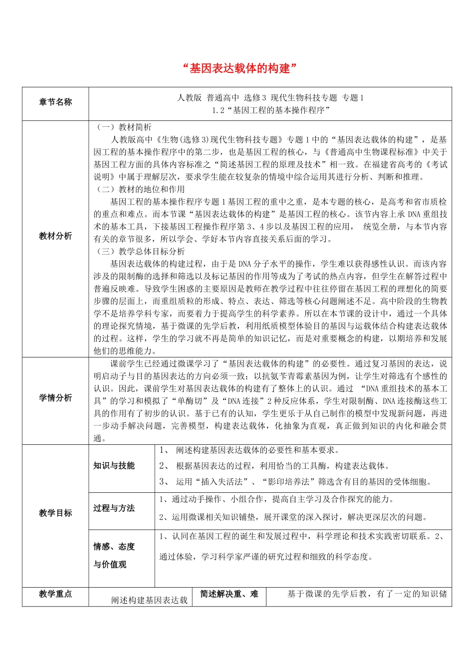 高中生物 1.2《基因基本操作程序—基因表达载体的构建》教学设计 新人教版选修3-新人教版高二选修3生物教案_第1页