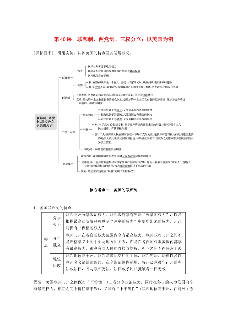 （鲁京津琼专用）高考政治大一轮复习 国家和国际组织常识 第40课 联邦制、两党制、三权分立：以美国为例讲义-人教版高三全册政治教案_第1页