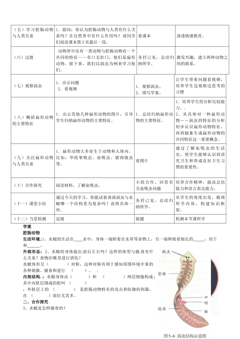 山东省泰安市岱岳区道朗镇第一中学八年级生物上册 5.1.1 腔肠动物和扁形动物教案 新人教版_第2页