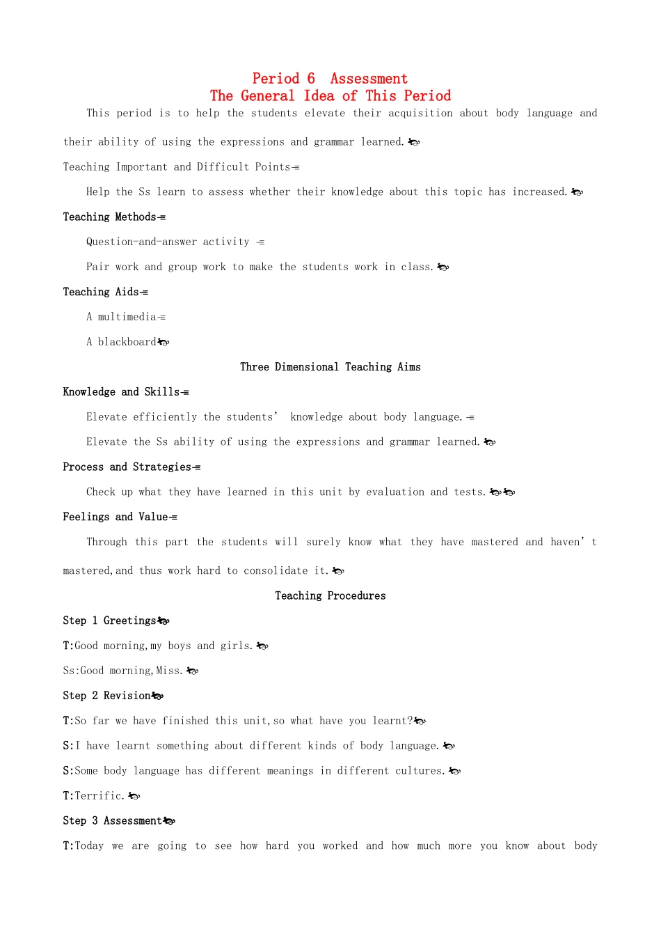 高中英语 Unit4 Body languange Period 6 Assessmentg优秀教案 新人教版必修4_第1页