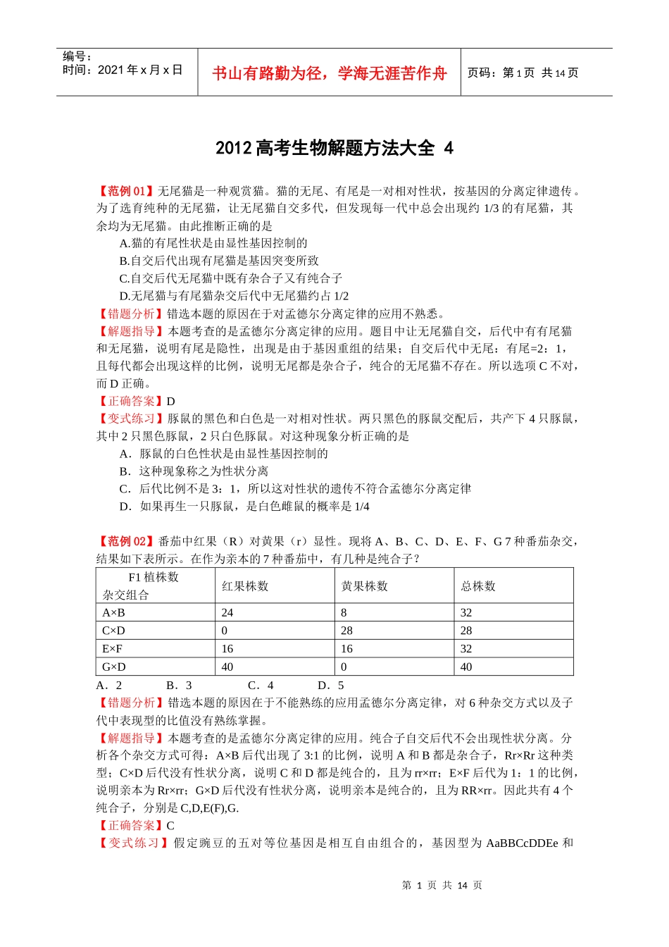 XXXX高考生物解题方法大全_第1页