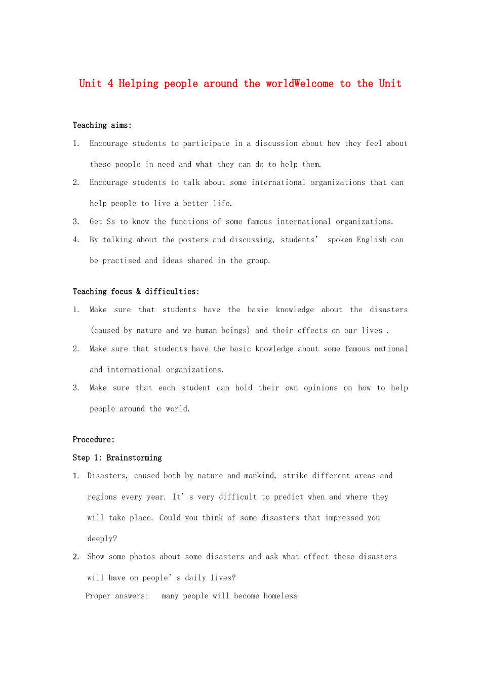 高中英语 Unit 4《helping people around the world-Welcome to the Unit》教案3 牛津译林版选修6_第1页