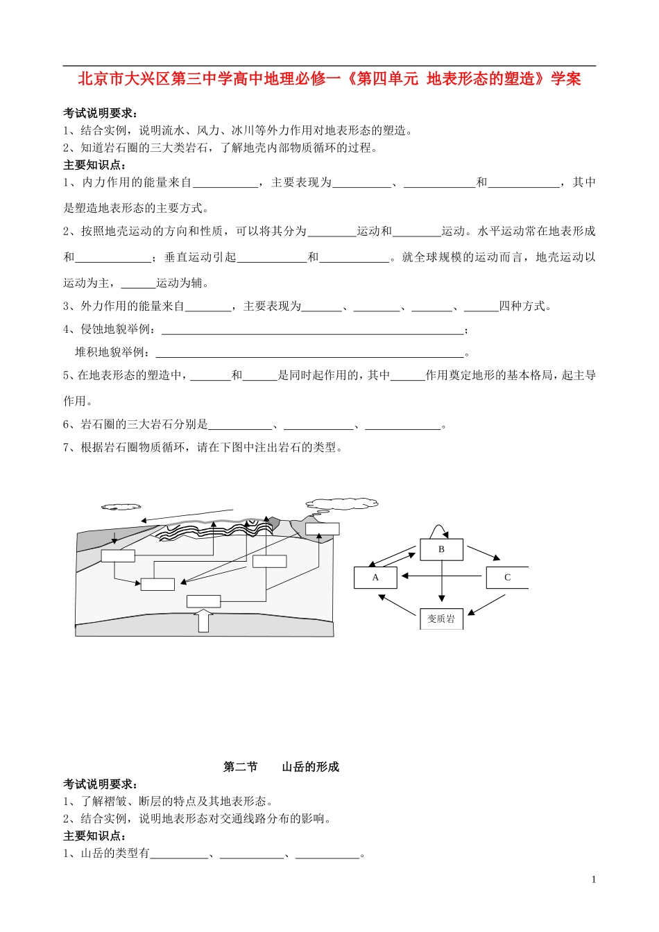 北京市大兴区第三中学高中地理《第四单元 地表形态的塑造》学案 新人教版必修1_第1页