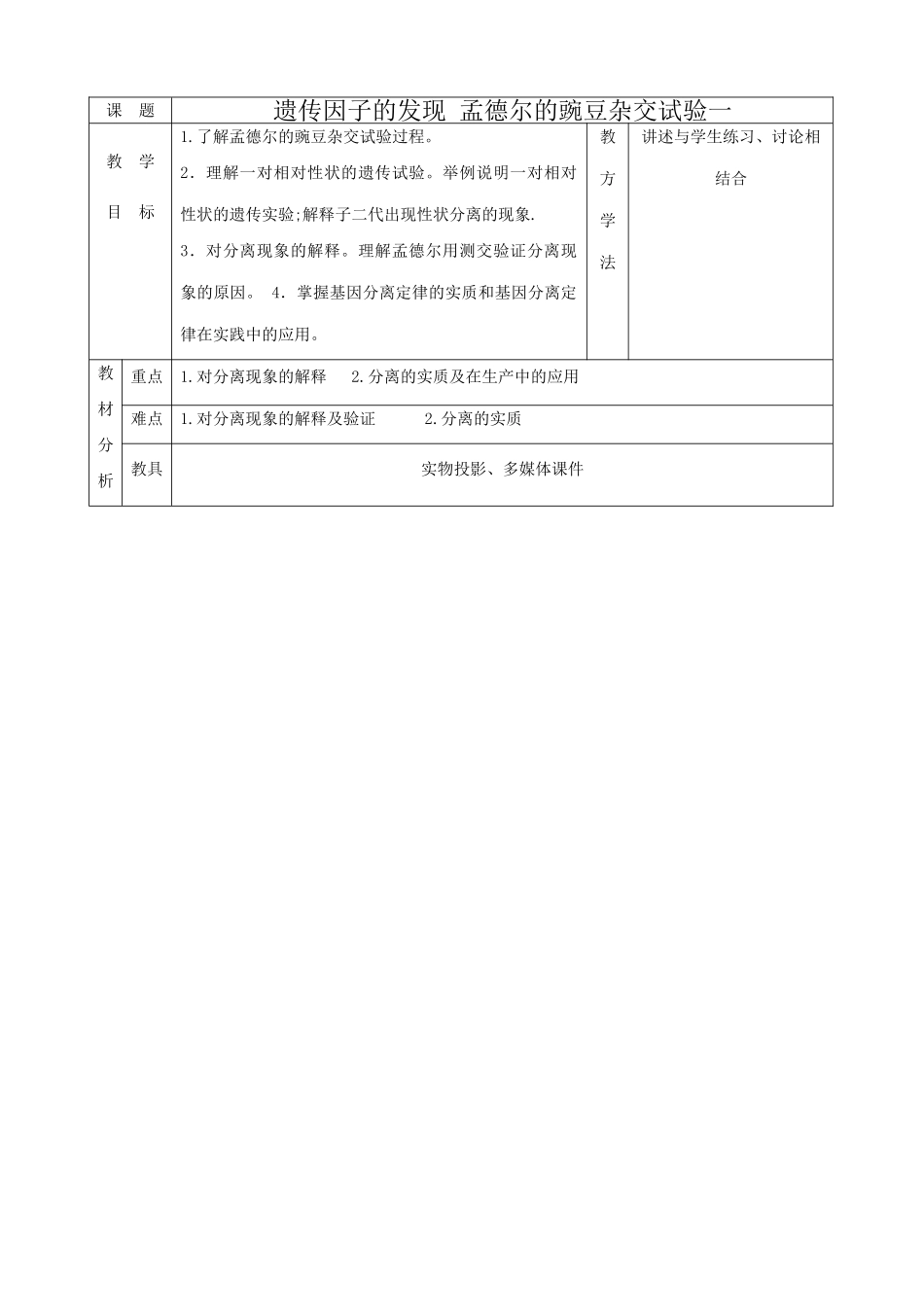 高中生物遗传因子的发现 孟德尔的豌豆杂交试验一教案 新课标 人教版 必修2_第1页