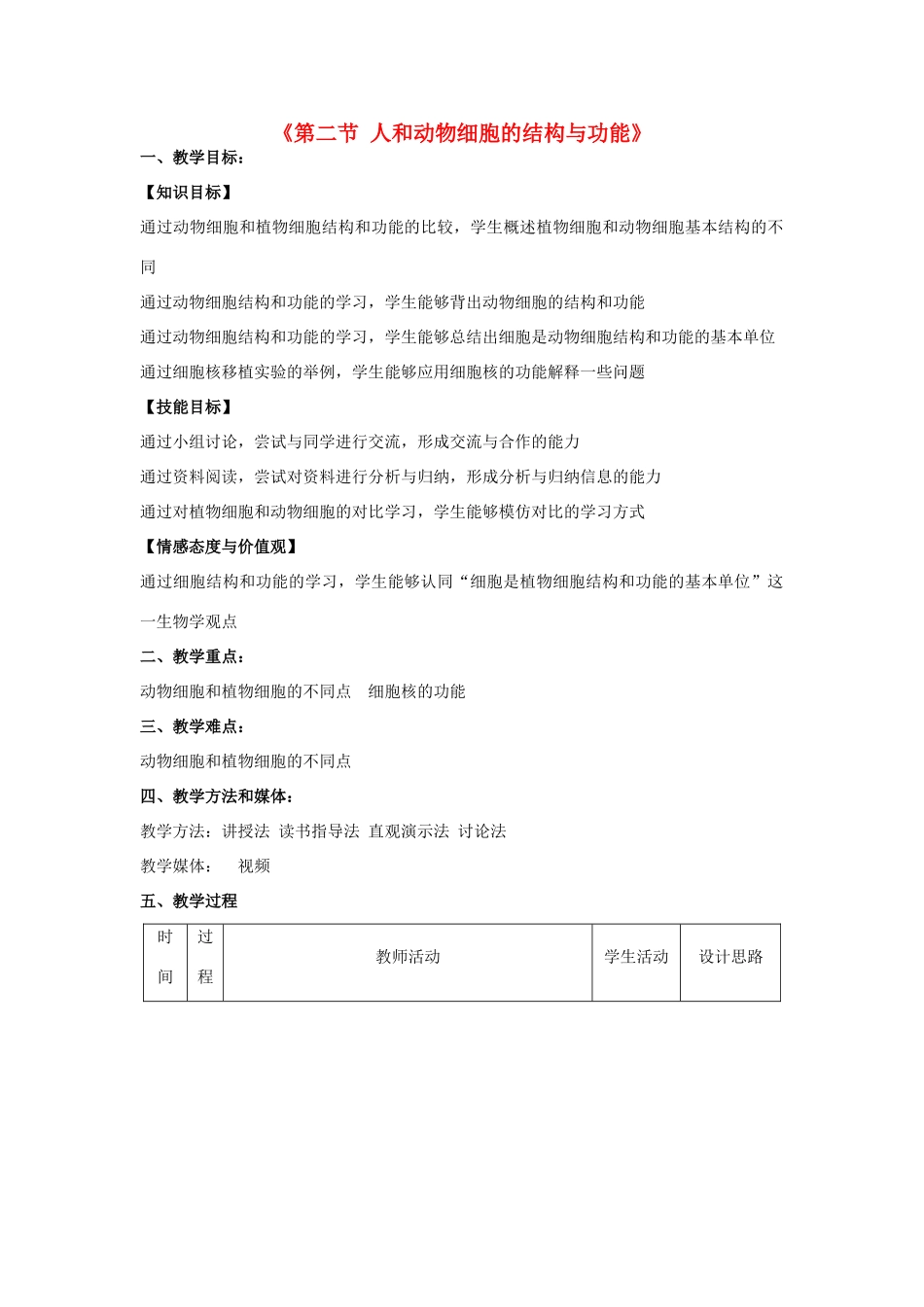 七年级生物上册 3.2 人和动物细胞的结构与功能教学设计 苏教版-苏教版初中七年级上册生物教案_第1页