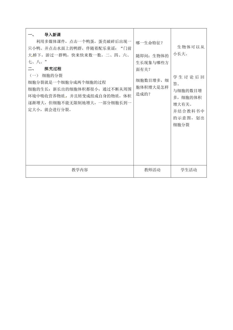七年级生物上册 第4章 第1节 细胞的分裂与分化（第1课时）教案 苏教版-苏教版初中七年级上册生物教案_第2页