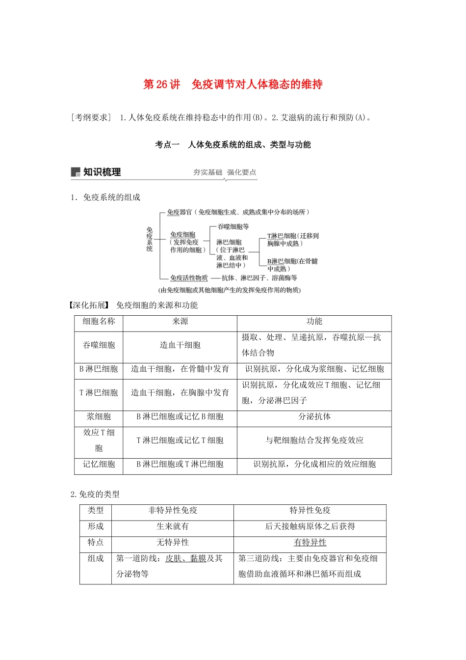 （江苏专用）高考生物新导学大一轮复习 第八单元 生物个体的稳态 第26讲 免疫调节对人体稳态的维持讲义（含解析）苏教版-苏教版高三全册生物教案_第1页