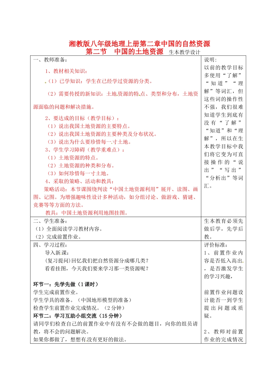 宁夏银川市八年级地理上册《中国的土地资源》教学设计 湘教版_第1页