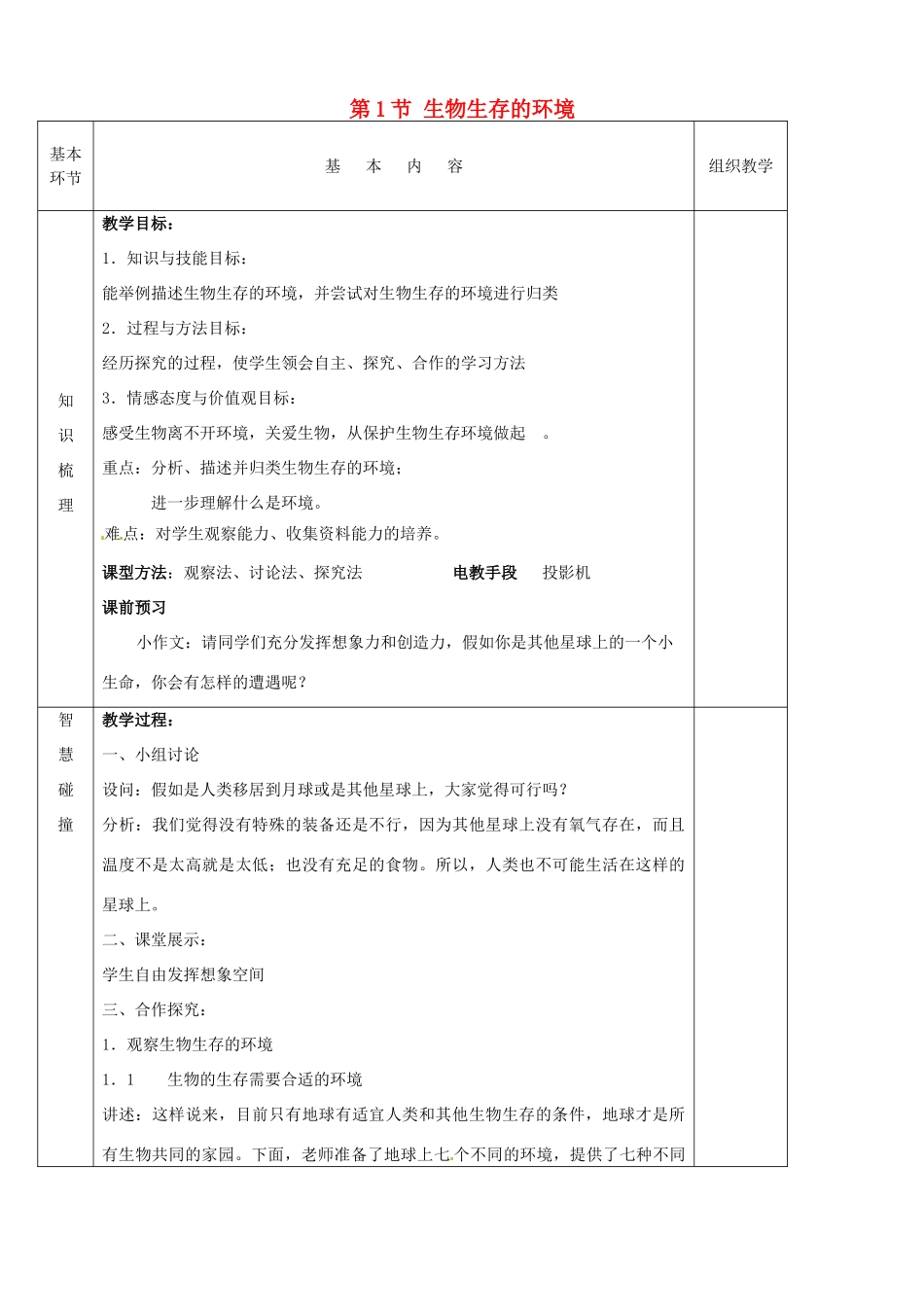 七年级生物上册《第2单元 第二章 第一节 生物生存的环境》教案 （新版）苏科版-（新版）苏科版初中七年级上册生物教案_第1页