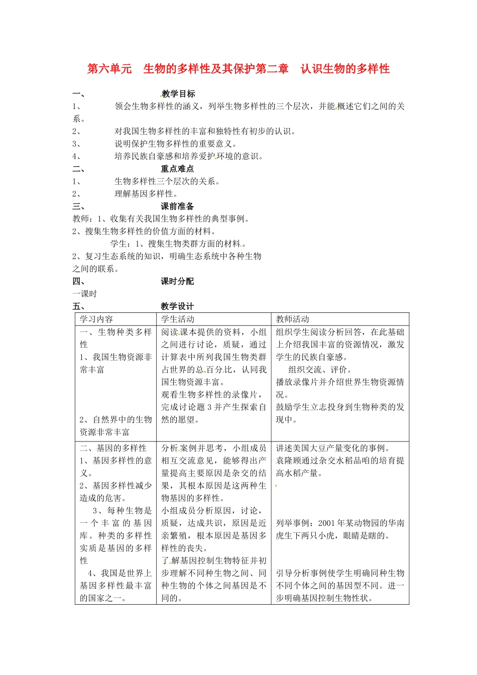 山东省临淄外国语实验学校八年级生物上册 第六单元 的多样性及其保护第二章 认识的多样性教案 新人教版_第1页