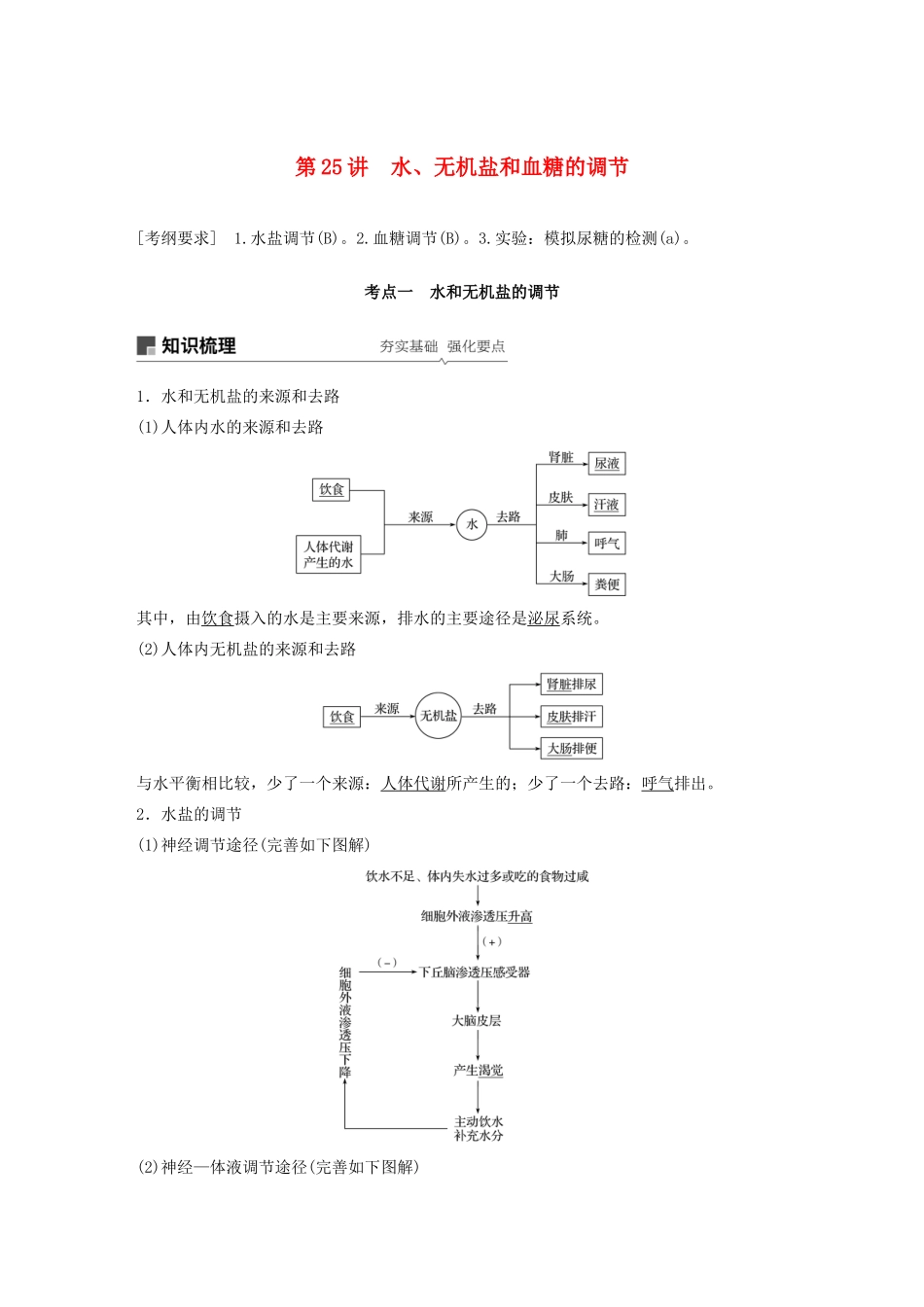 （江苏专用）高考生物新导学大一轮复习 第八单元 生物个体的稳态 第25讲 水、无机盐和血糖的调节讲义（含解析）苏教版-苏教版高三全册生物教案_第1页