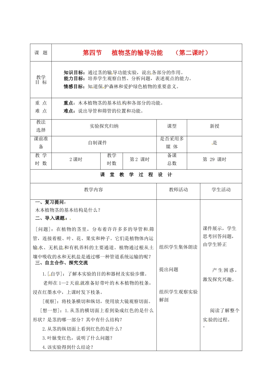 七年级生物上册 第5章 第4节 植物茎的输导功能（第2课时）教案 苏教版-苏教版初中七年级上册生物教案_第1页