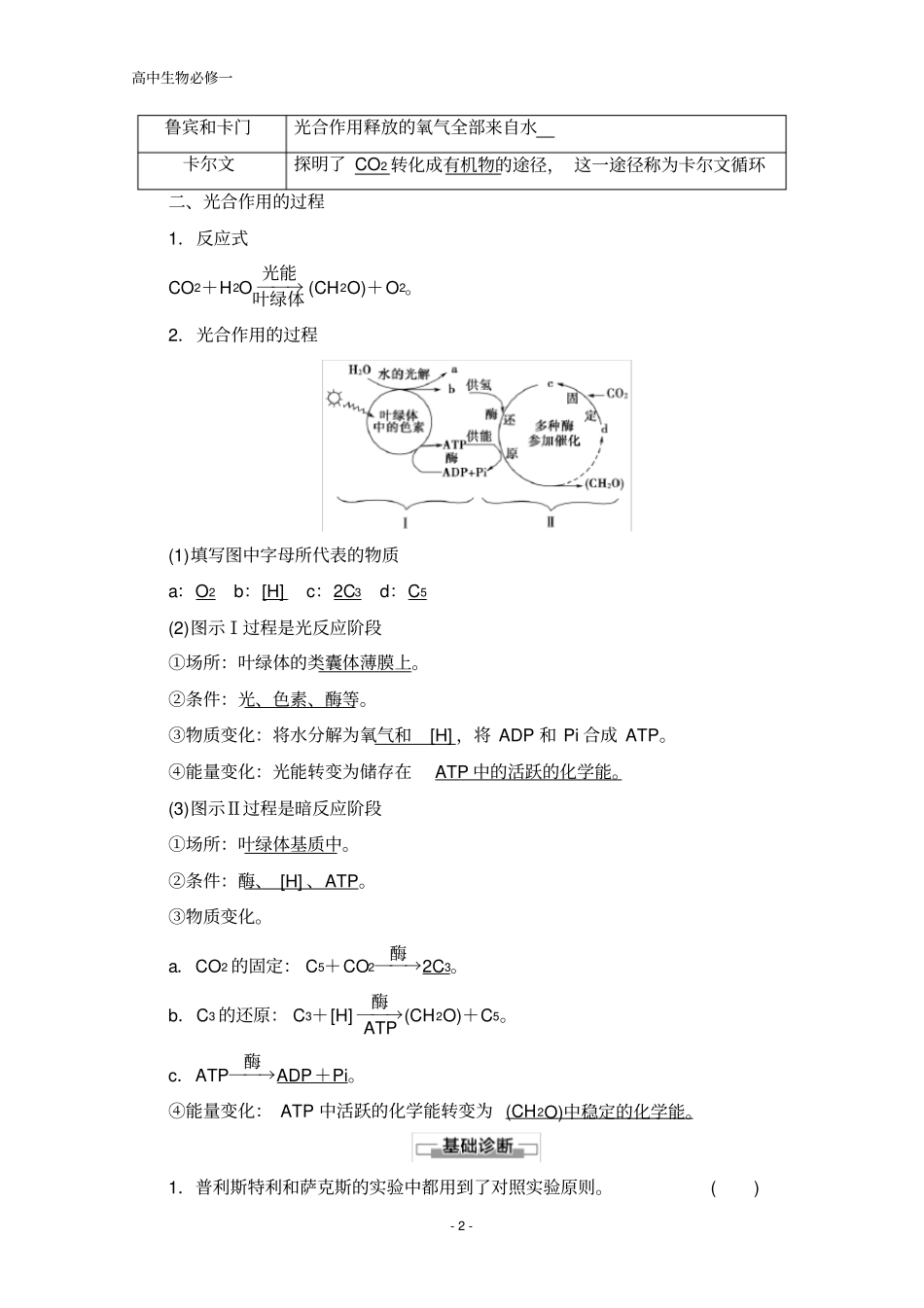 人教版生物必修一讲义：第5章+第4节第2课时光合作用的探究历程和过程+Word版含答案_第2页