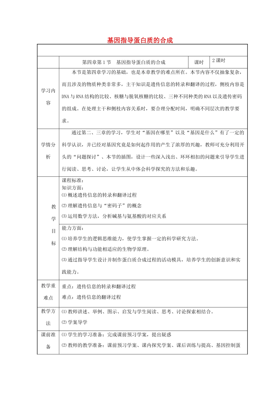 高中生物下学期《基因指导蛋白质的合成》教学设计-人教版高中全册生物教案_第1页