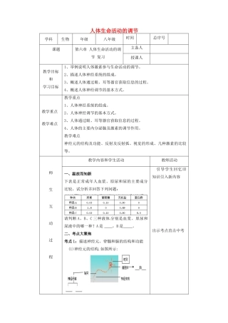 七年级生物下册 第三单元 第五章 人体生命活动的调节复习教案 （新版）济南版-（新版）济南版初中七年级下册生物教案