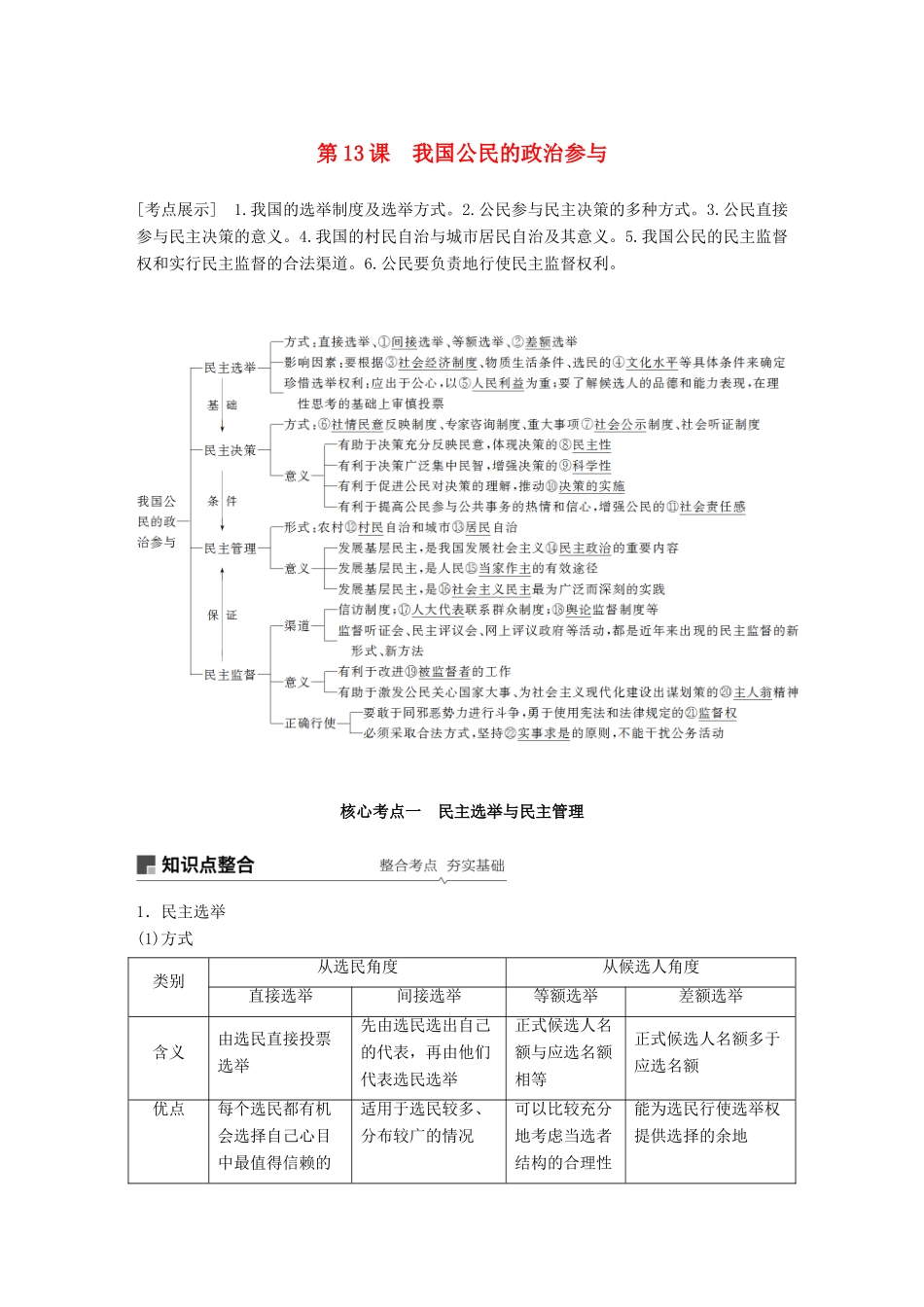高考政治一轮复习 第五单元 公民的政治生活 第13课 我国公民的政治参与讲义 新人教版必修2-新人教版高三必修2政治教案_第1页
