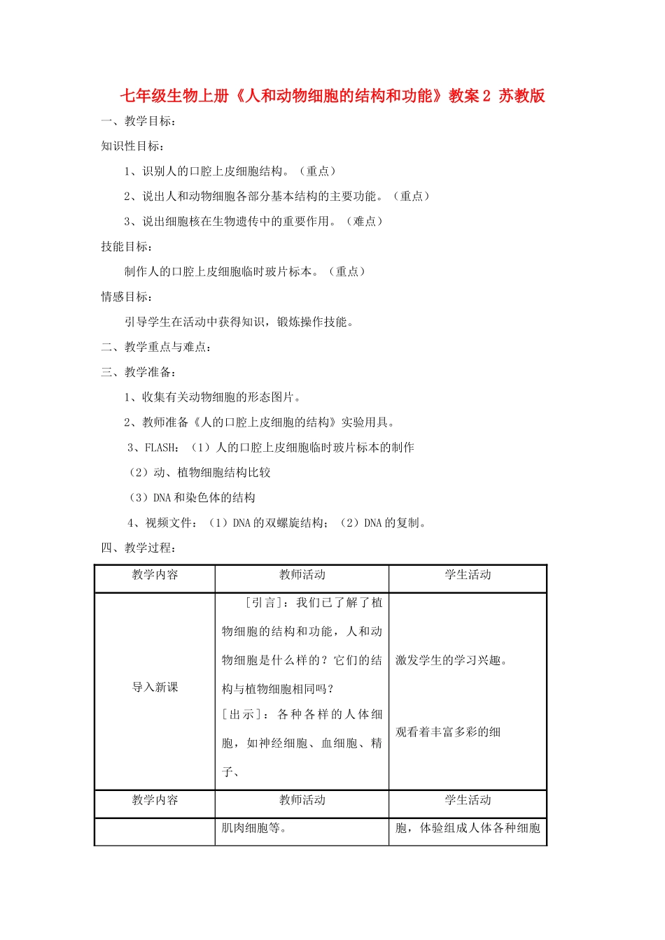 七年级生物上册《人和动物细胞的结构和功能》教案2 苏教版_第1页