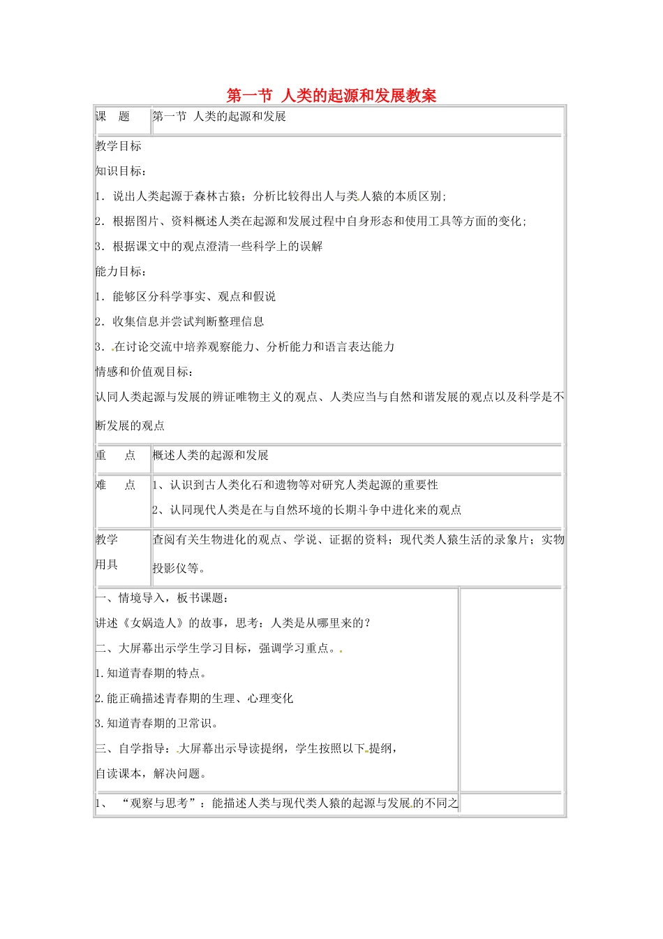 山东省肥城市石横镇初级中学八年级生物上册 第一节 人类的起源和发展教案 鲁科版_第1页