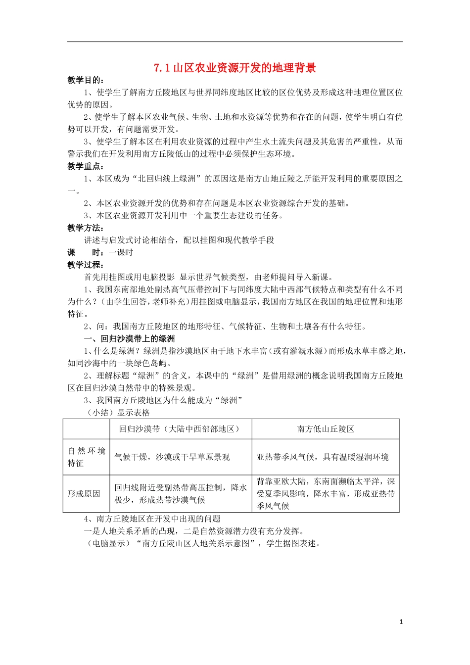 高中地理 7.1 山区农业资源开发的地理背景教案 人教版选修2_第1页