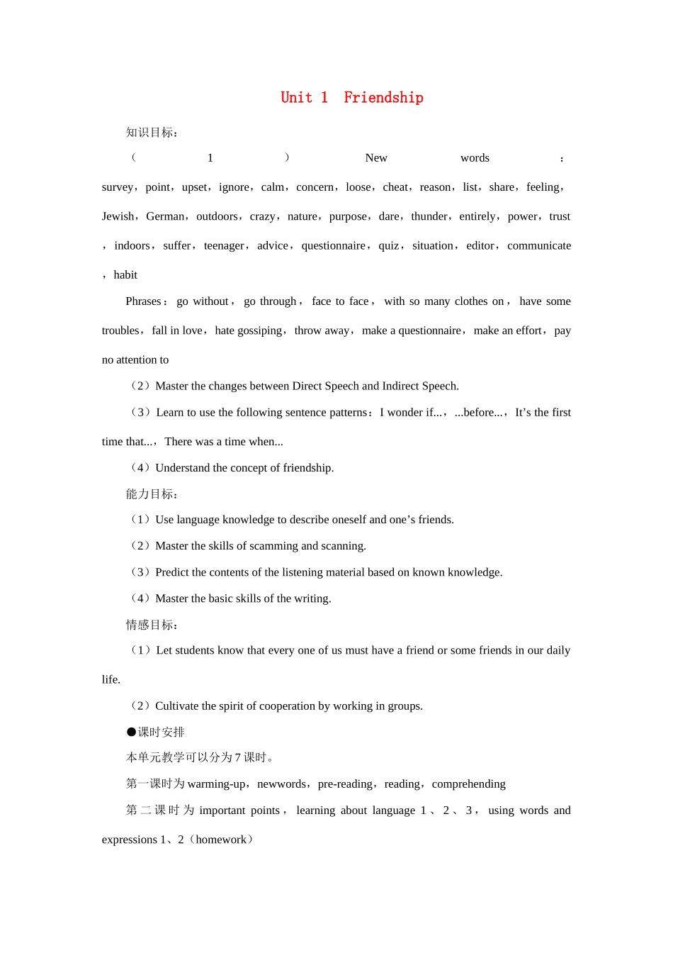 高中英语 Unit 1  Friendship优秀教案 新人教版必修1_第1页