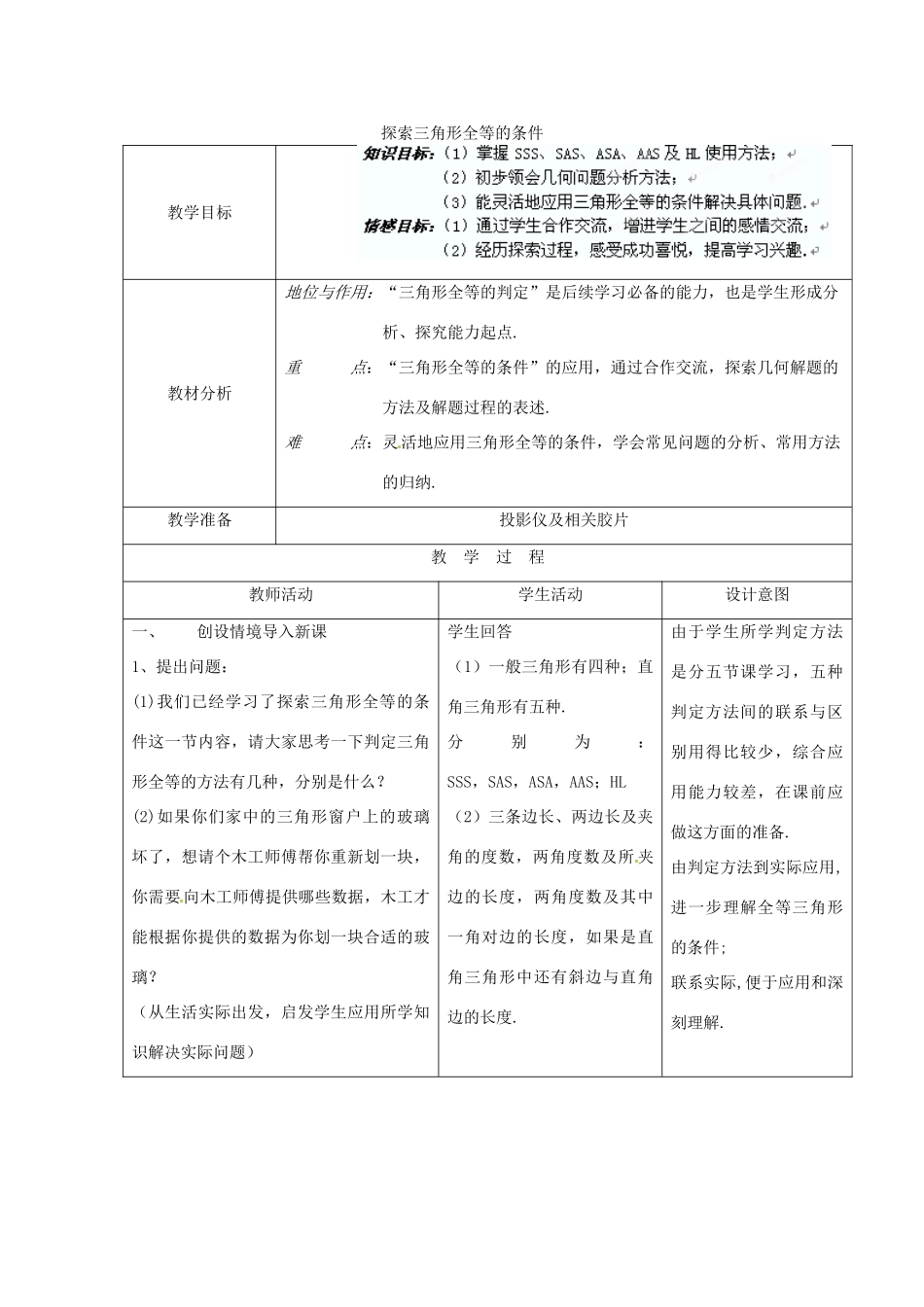 辽宁省瓦房店市第八初级中学七年级数学下册 第七章 三角形-探索三角形全等的条件教案 新人教版_第1页