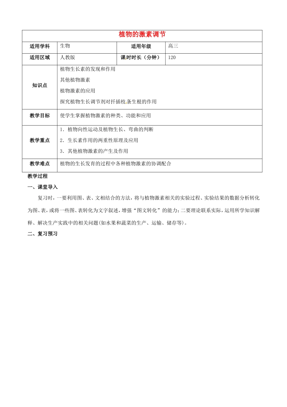 高三生物总复习 植物的激素调节教案-人教版高三全册生物教案_第1页