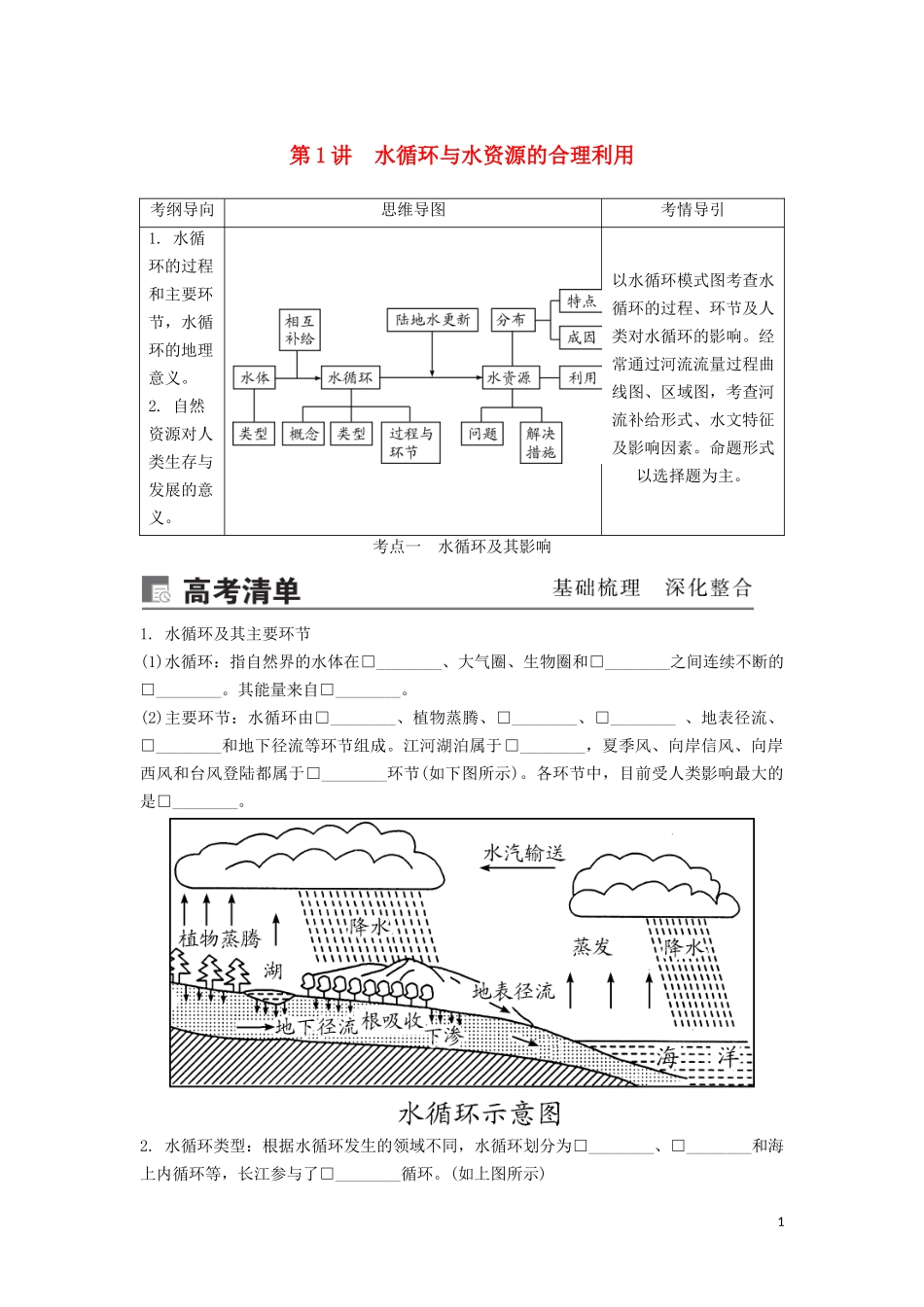 （锁定高考）高考地理一轮总复习 第四章 地球上的水 第1讲 水循环与水资源的合理利用讲义（含解析）新人教版-新人教版高三全册地理教案_第1页