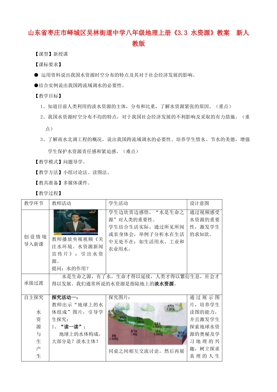山东省枣庄市峄城区吴林街道中学八年级地理上册《3.3 水资源》教案  新人教版_第1页