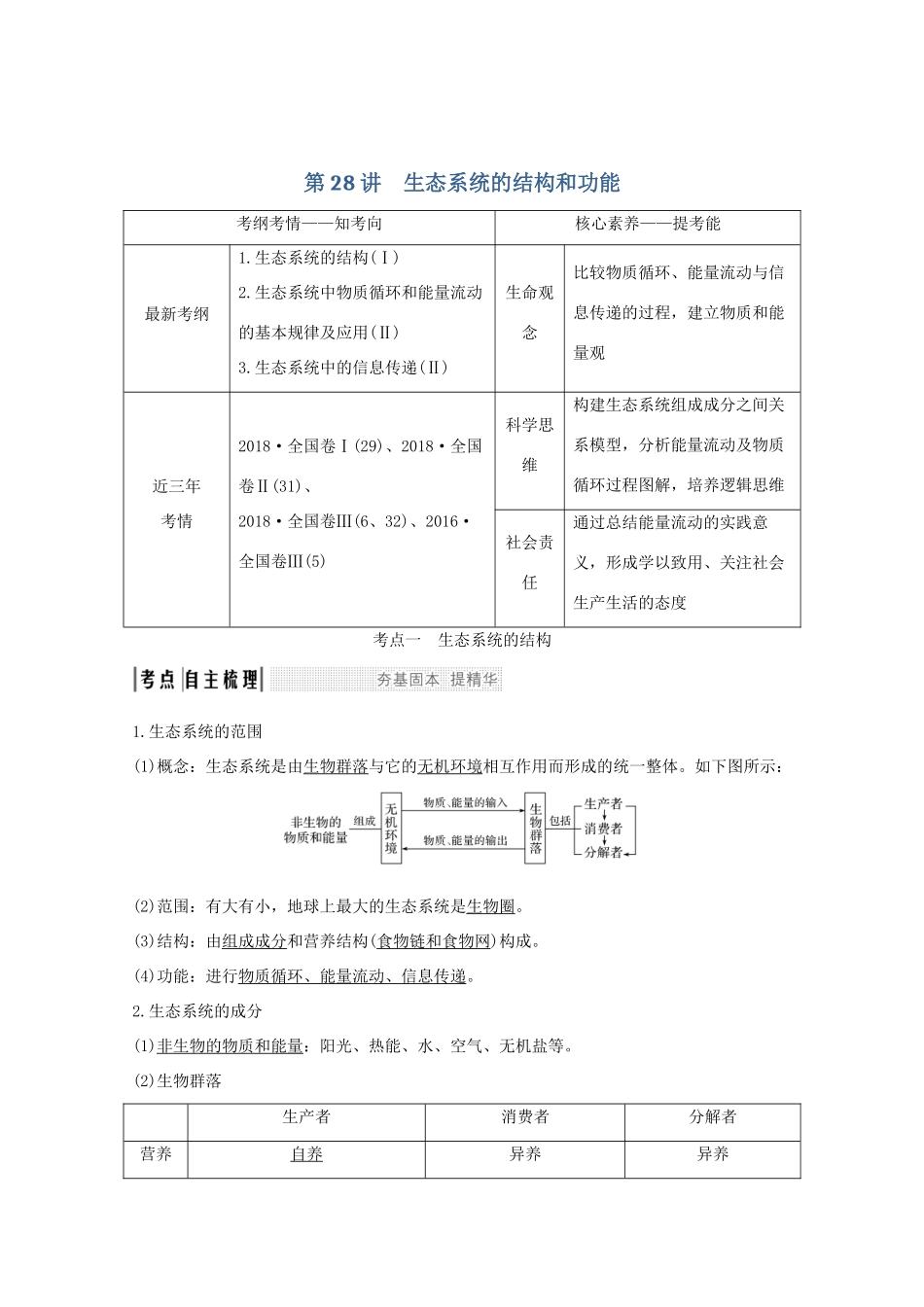 高考生物总复习 第28讲 生态系统的结构和功能教案 中图版-中图版高三全册生物教案_第1页
