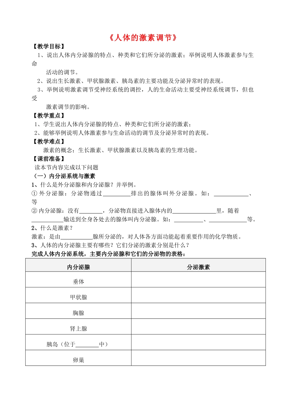 七年级生物下册 3.5.1 人体的激素调节教案 （新版）济南版_第1页