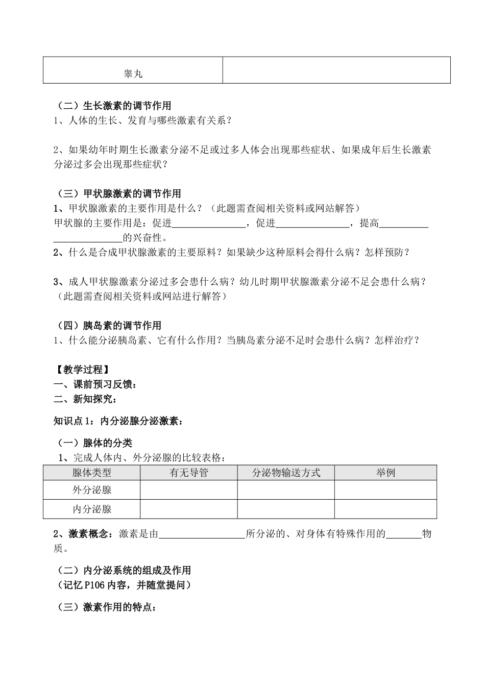 七年级生物下册 3.5.1 人体的激素调节教案 （新版）济南版_第2页