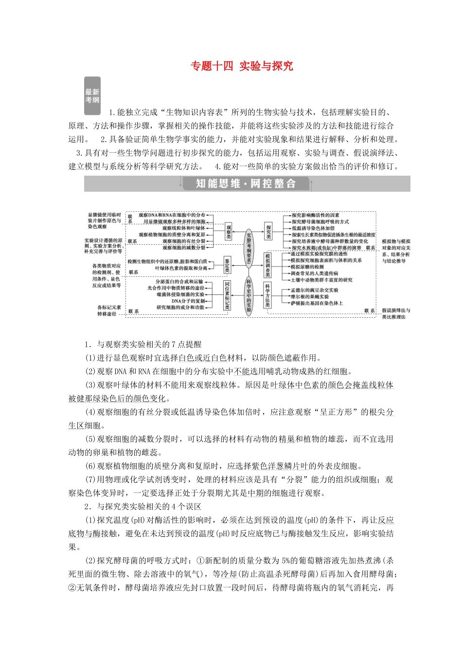 高考生物考前冲刺复习 第1部分 专题突破方略 专题十四 实验与探究讲义-人教版高三全册生物教案_第1页
