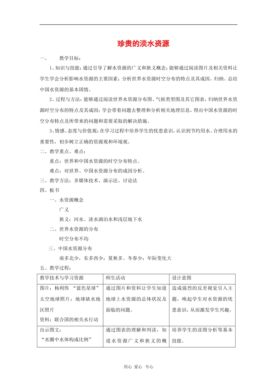 高中地理：4.4《水资源对人类生存和发展的意义》教案（3）（中图版必修1）_第1页