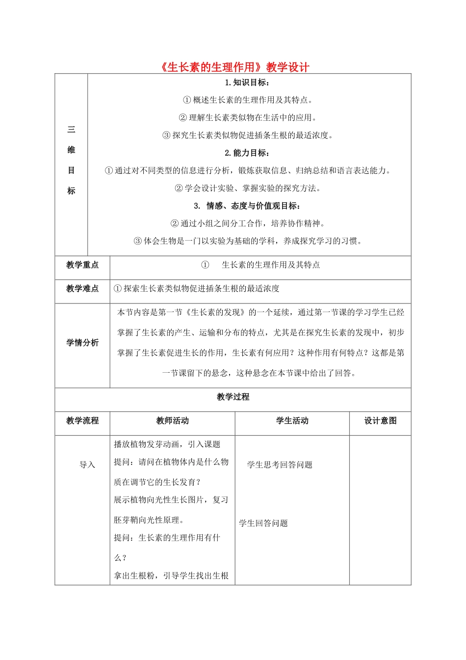 高中生物 3.2生长素的生理作用教学设计 新人教版必修3-新人教版高二必修3生物教案_第1页