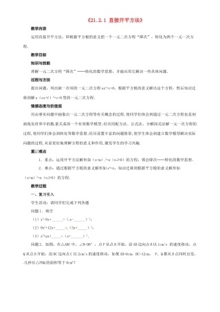 秋九年级数学上册 第二十一章 一元二次方程 21.2 解一元二次方程 21.2.1 直接开平方法教案 （新版）新人教版-（新版）新人教版初中九年级上册数学教案
