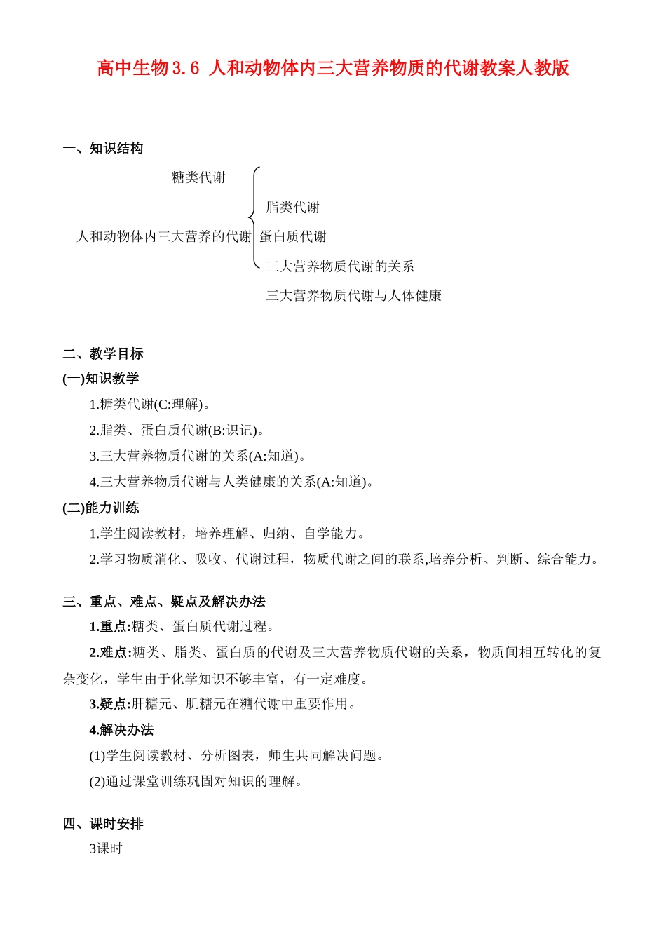 高二生物3.6 人和动物体内三大营养物质的代谢教案 人教版_第1页