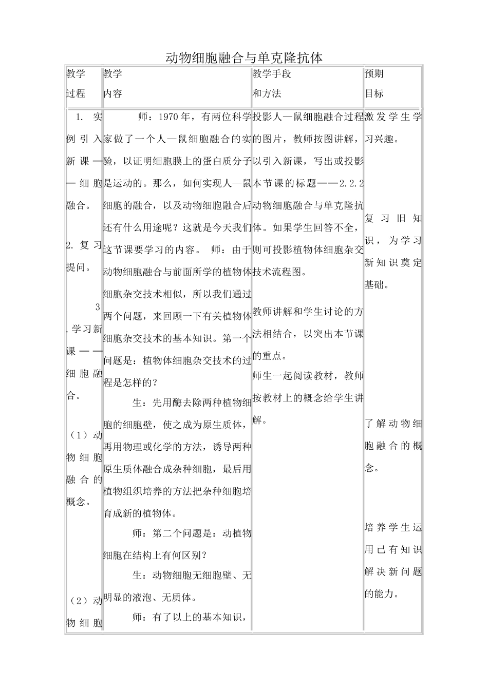 高中生物动物细胞融合与单克隆抗体教案 新课标 人教版 选修3_第1页