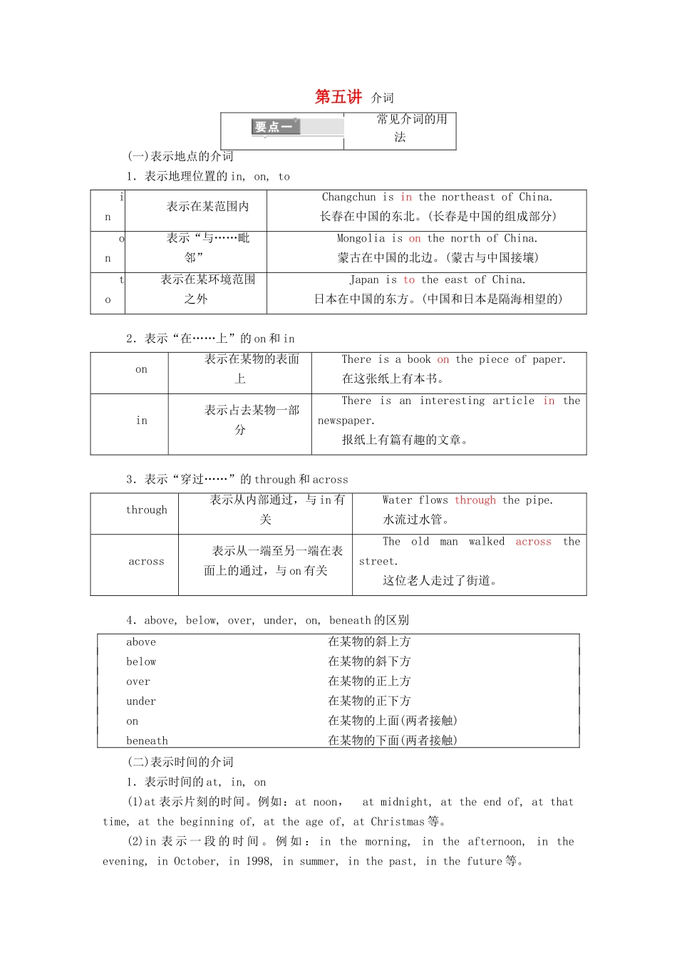 高考英语一轮复习 精细化学通语法 第五讲 介词讲义-人教版高三全册英语教案_第1页
