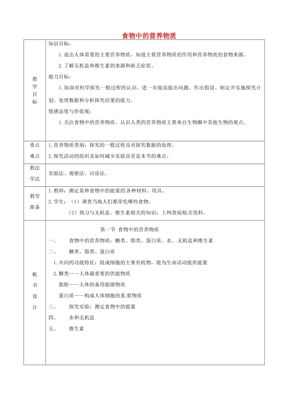山东省泰安新泰市七年级生物下册 4.2.1 食物中的营养物质教案_第1页