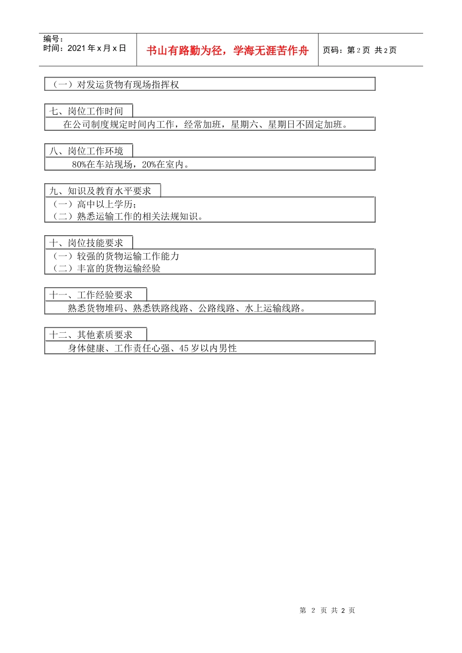 医药行业-运输科-提发运员岗位说明书_第2页