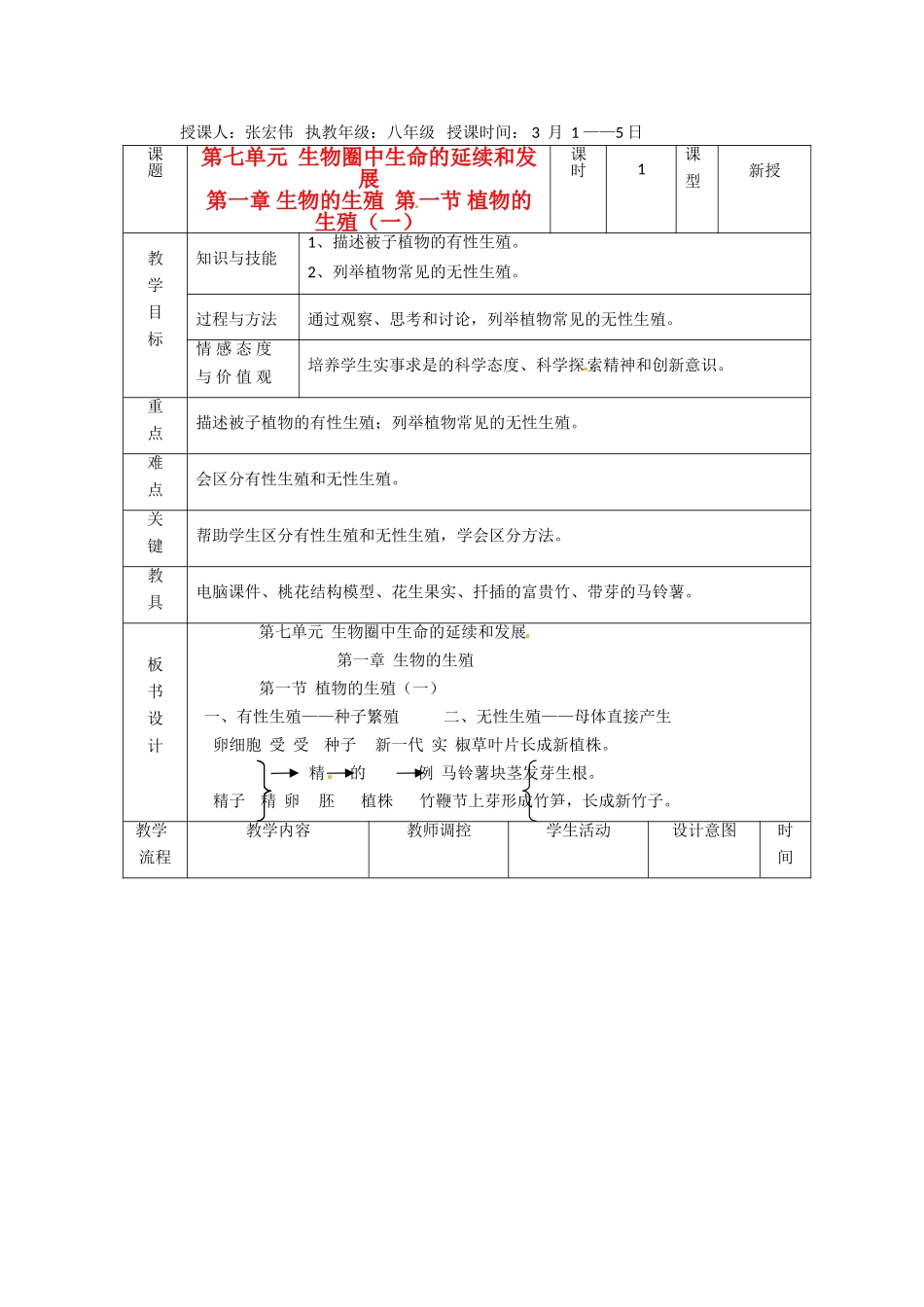 辽宁省大连市第四十二中学八年级生物下册 第七单元 第一章 第一节 植物的生殖（一）教案 新人教版_第1页