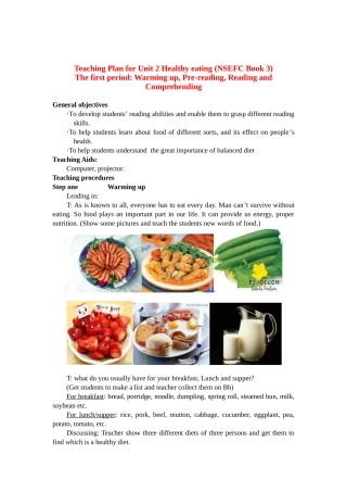 高中英语 Teaching Plan for Unit 2 Healthy eating (NSEFC Book 3)教案  新人教版必修3